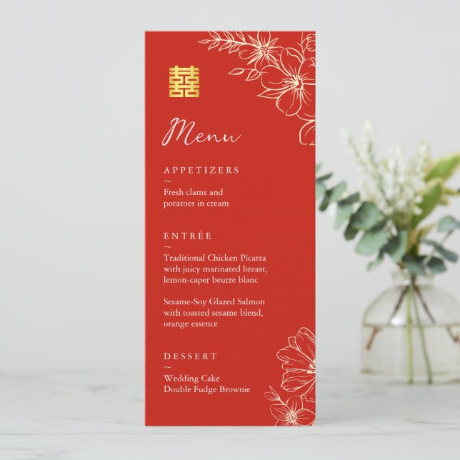 Menu Élégant chinois moderne script floral mariage roug (Debout devant)