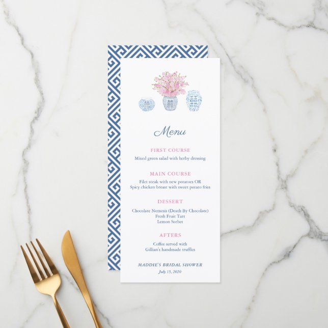 Menu Elegant Chinoiserie Navy & Pink Fête des mariées M (Devant/Arrière en situation)