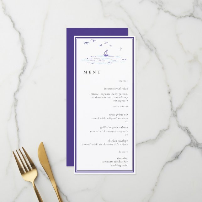 Menu Elégant classique cadre nautique Mariage Océan (Devant/Arrière en situation)