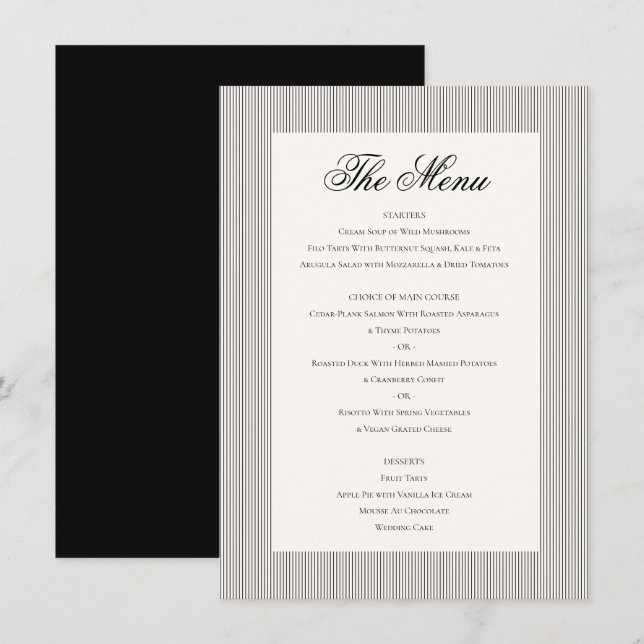 Menu Élégant classique noir crème blanche Mariage dîner (Devant / Derrière)