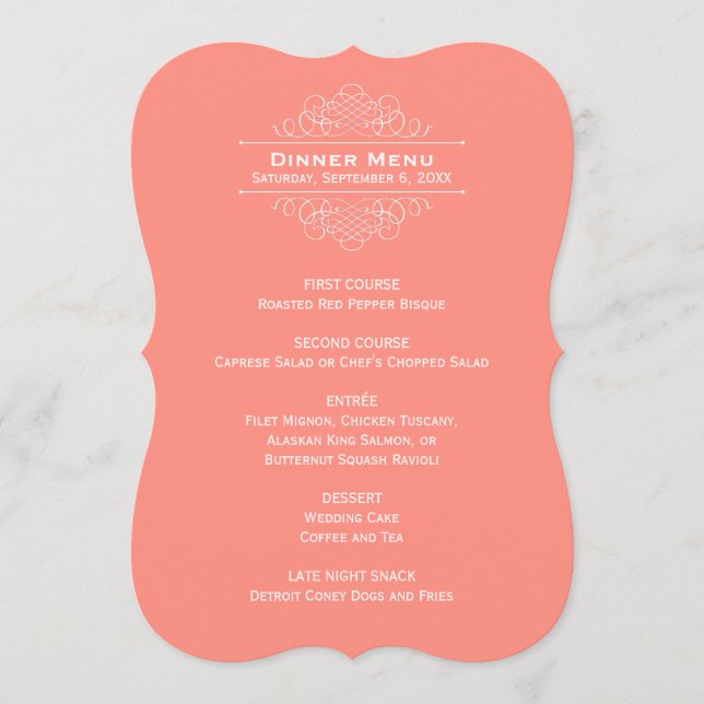 Menu Elégant Coral rose Mariage Monogram Dîner (Devant)