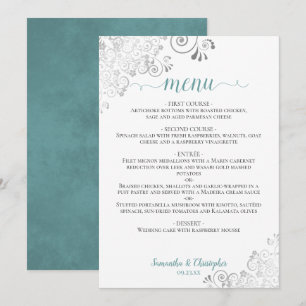 Menu Élégant de dentelle argentée Turquoise sur Mariage