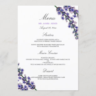Menu élégant de dîner de mariage lavande