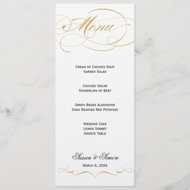 Menu élégant de mariage de manuscrit - or (Devant)