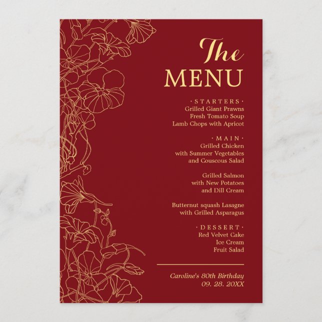 Menu Élégant dîner 5 x 7 Rouge Gold Floral (Devant)