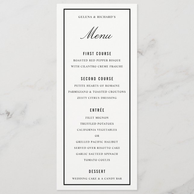 Menu Élégant dîner de mariage noir blanc épais bordure (Devant)