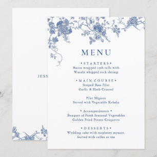 Menu Élégant dîner Mariage bleu victorien Floral