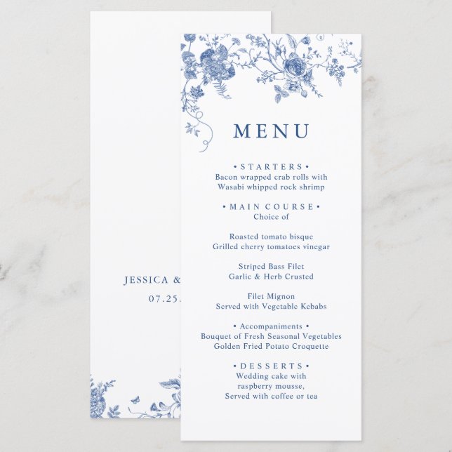 Menu Élégant dîner Mariage bleu victorien Floral (Devant / Derrière)