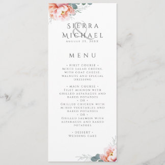 Menu Élégant dîner Mariage Blush Pink Floral Peony