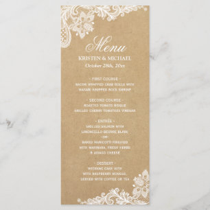 Menu Elégant Dîner Mariage en dentelle blanche Kraft Me