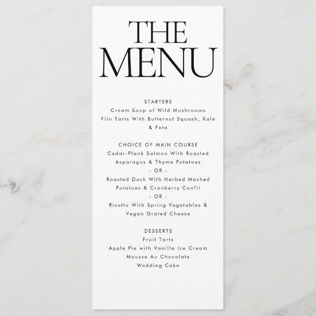 Menu Élégant Dîner Mariage noir blanc moderne (Devant)