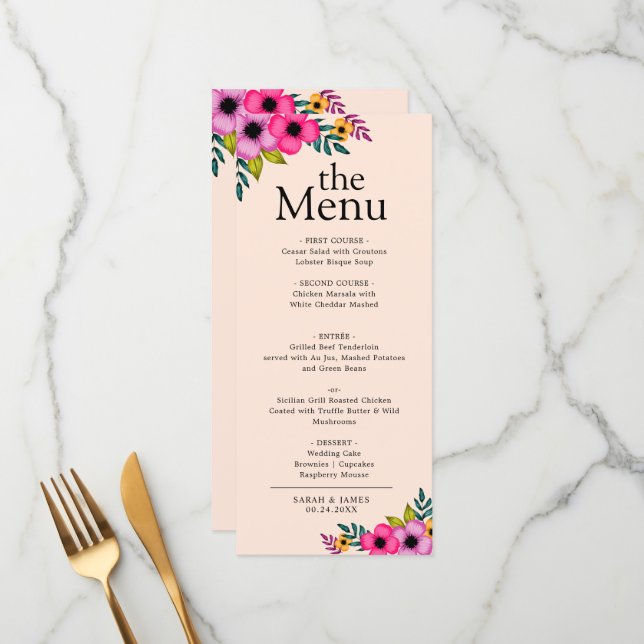 Menu Élégant Dîner Rustique Floral Rose-Blanc Moderne (Devant/Arrière en situation)
