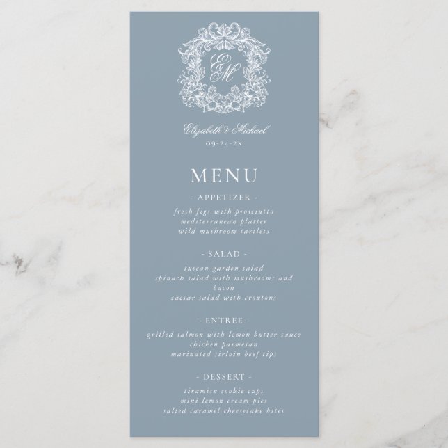 Menu Elegant Dusty Blue Formal Monogram Crest Wedding (Devant)