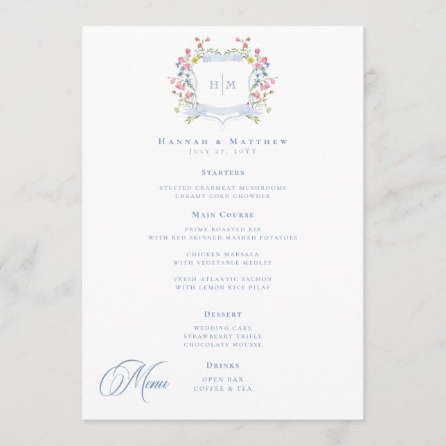 Menu Elegant Dusty Blue Pastel Wildflower Crest Wedding (Devant)