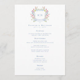 Menu Elegant Dusty Blue Pastel Wildflower Crest Wedding