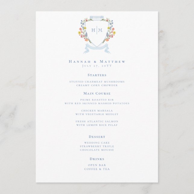 Menu Elegant Dusty Blue Pastel Wildflower Crest Wedding (Devant)