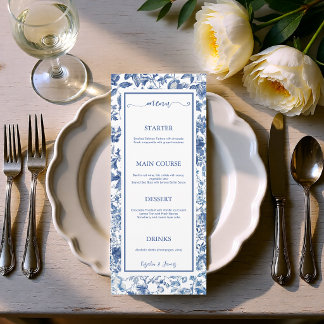 Menu Elegant Dusty Blue Toile Floral Wedding Reception