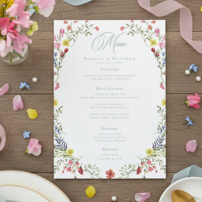 Menu Elegant Dusty Sage Pastel Wildflower Crest Wedding (Créateur téléchargé)
