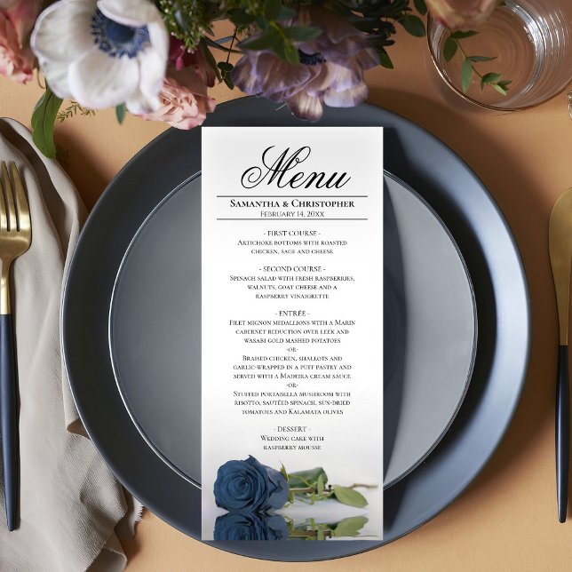 Menu Elégant Dusty Steel Blue Rose Réflexions Mariage (In Situ on Plate)