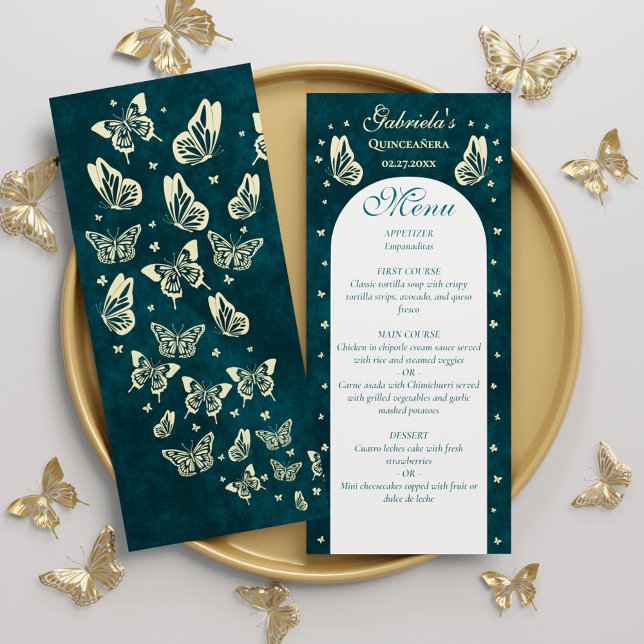 Menu Élégant Emerald Green Gold Butterflies Quinceañera (Elegant Emerald Green Gold Butterflies Quinceañera Menu)
