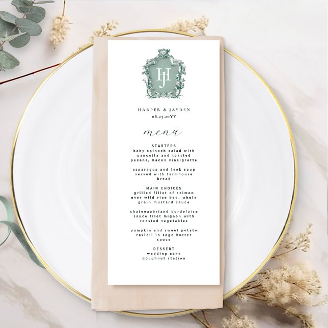 Menu Élégant et intemporel Mariage de monogramme vert (Créateur téléchargé)