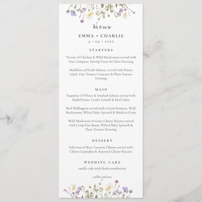 Menu Élégant fleur sauvage Boho Mariage de script (Devant)