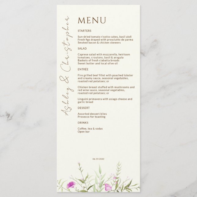 Menu Élégant Fleur sauvage moderne Mariage off-White (Devant)