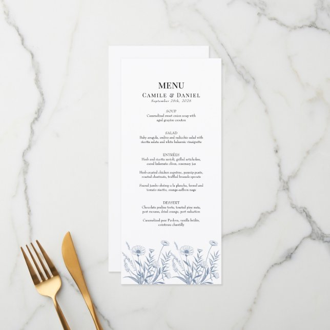 Menu Élégant Fleur sauvage Périwinkle Mariage (Devant/Arrière en situation)