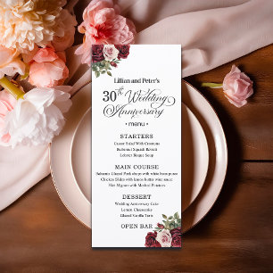 Menu Élégant Floral 30e Anniversaire de Mariage