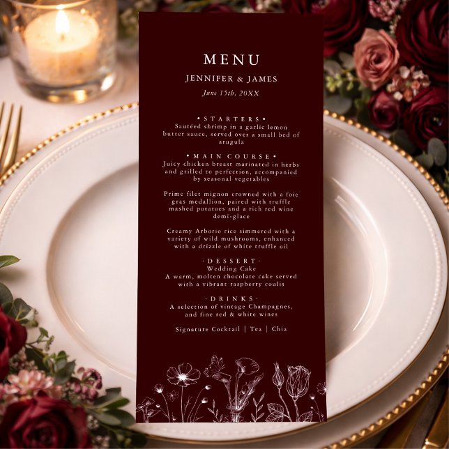 Menu Elegant Floral Burgundy Wedding  (Créateur téléchargé)