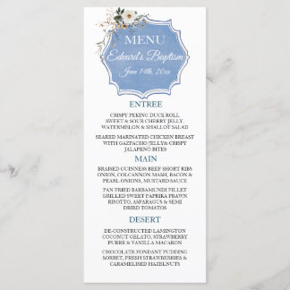 Menu Élégant floral Dusty Baptême bleu