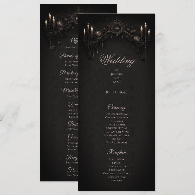 Menu Elegant floral Gothic Halloween Wedding Program (Devant / Derrière)