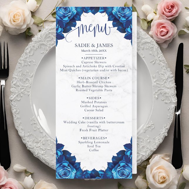 Menu Elégant Floral Navy Blue & Marbre blanc Mariage (Créateur téléchargé)