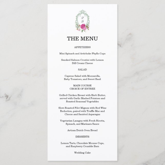 Menu Elegant Floral Pink Peony Monogram Wedding (Devant)