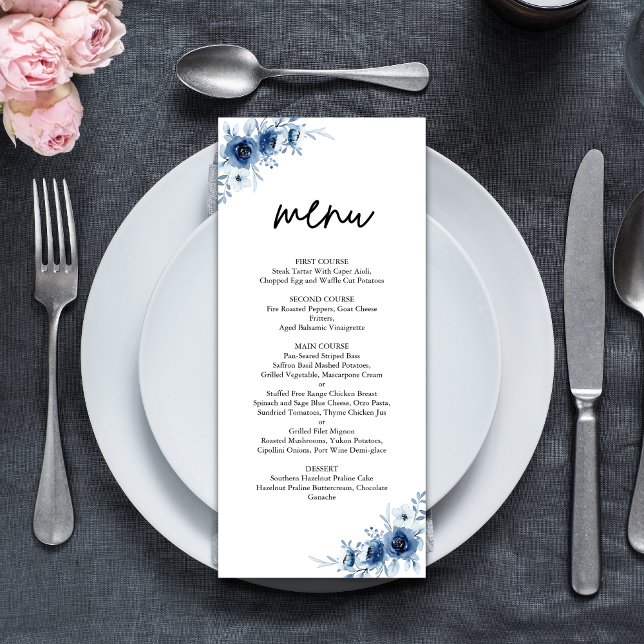 Menu Élégant Français Vintage bleu Mariage floral (Créateur téléchargé)