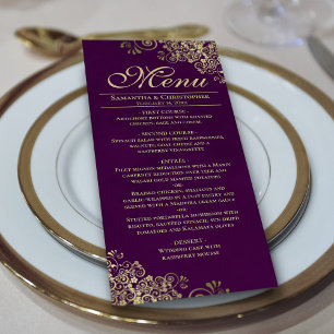Menu Elégant Frills en or sur Plum Purple Mariage