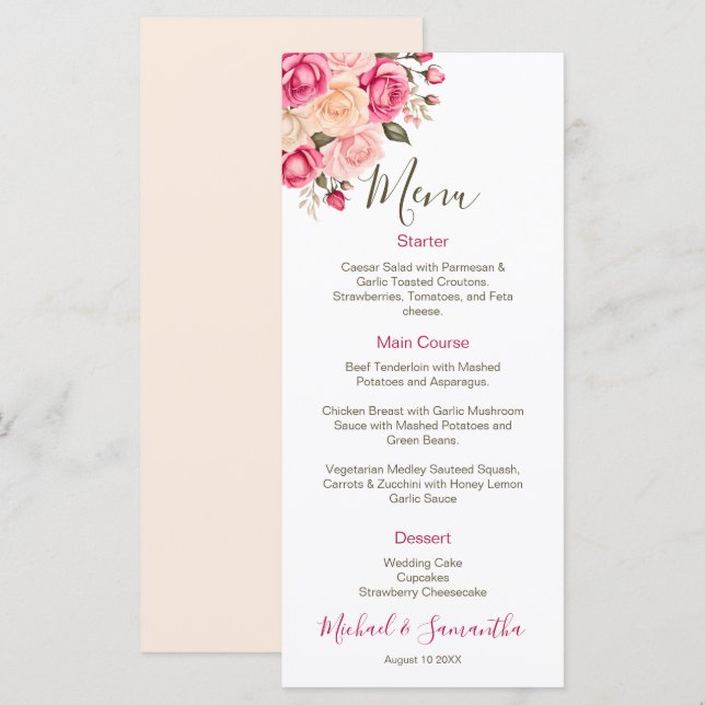 Menu Élégant Fucia Rose rose et ivoire Mariage (Devant / Derrière)