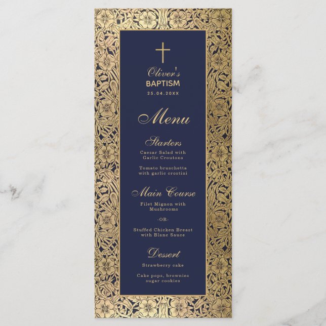 Menu Élégant garçon Baptême Marine Blue Gold Roses Vint (Devant)