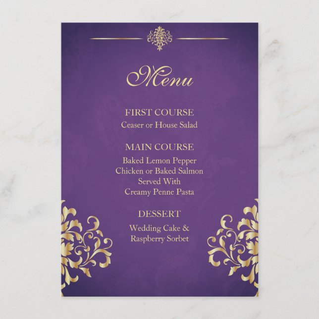 Menu Elegant Gold et Purple Mariage damassé (Devant)