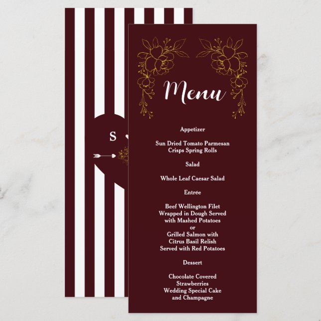 Menu Elegant Gold Floral Deep Burgundy Stripes Wedding  (Devant / Derrière)