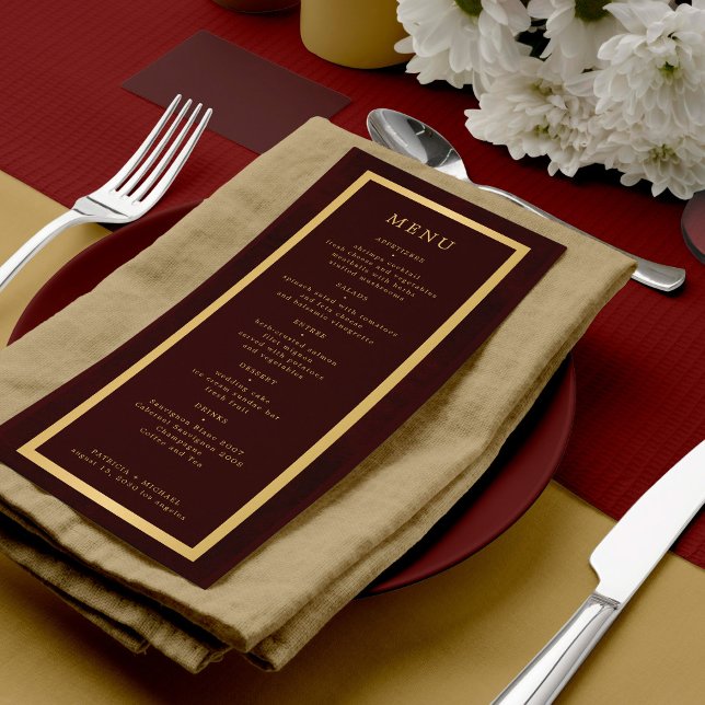 Menu Elegant gold frame dark burgundy modern wedding (Créateur téléchargé)