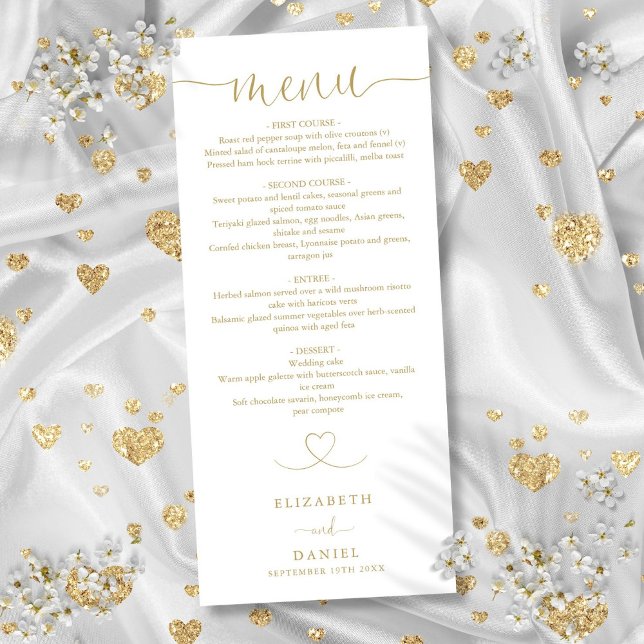 Menu Élégant Gold Heart Script Mariage Dîner (Elegant Gold Heart Script Wedding Dinner Menu)