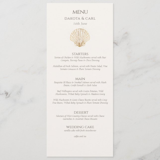Menu Elegant Gold Seashell Creamy Double Side Wedding  (Devant)