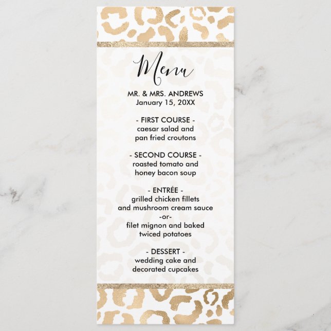 Menu Elegant Gold White Leopard Cheetah Animal Print (Devant)