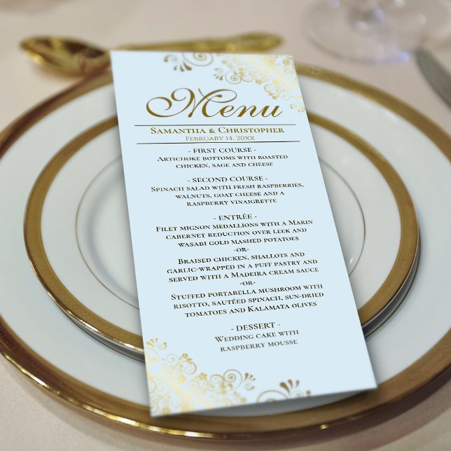 Menu Elégant Golden Frills sur Mariage bleu poudre légè (On Plate)