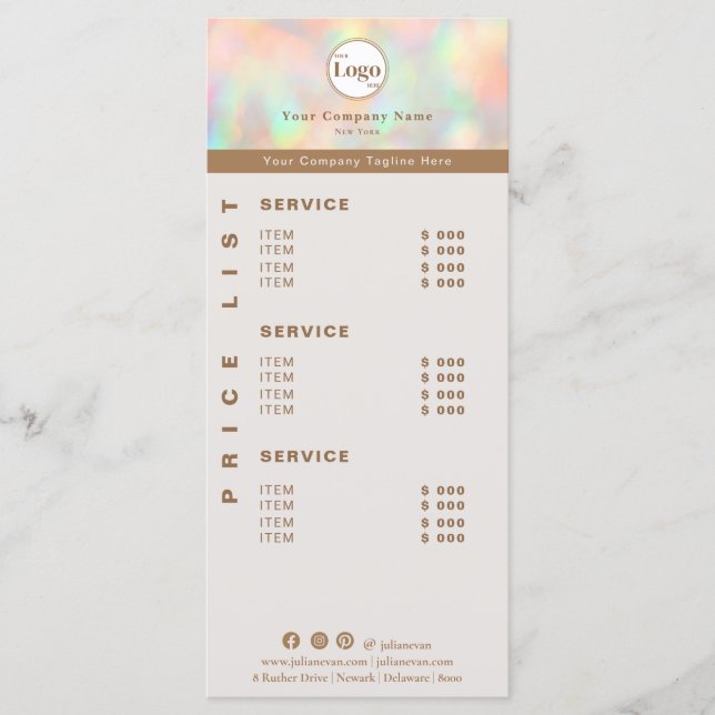 Menu Elégant Holographique Beauticier Prix List Service (Devant)