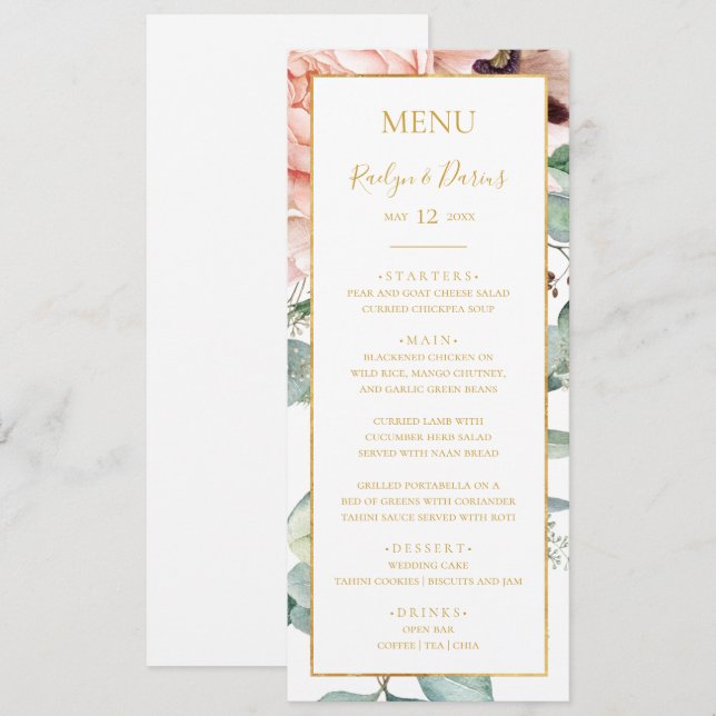 Menu Elégant Jardin Floral Blush | Dîner Mariage (Devant / Derrière)