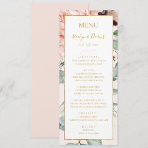 Menu Elégant Jardin Floral Blush Pastel Dîner Mariage