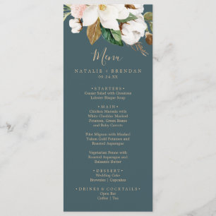 Menu Elégant Magnolia Turquoise & Blanc Mariage Dîner M