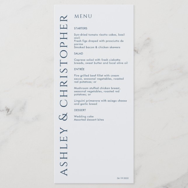 Menu Élégant Mariage bleu marine moderne (Devant)